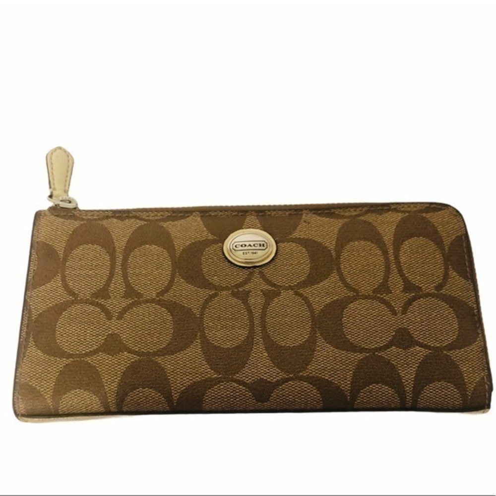 COACH signature brown khaki zippered wallet